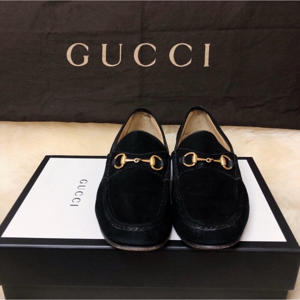 Gucci Black Suede Loafers with Gold Hardware